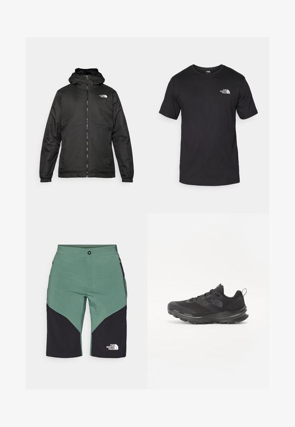 Svart The North Face hettegenser med frontglidelås, elastiske mansjetter, og logo på øvre venstre bryst mot en hvit bakgrunn.; Svart kortermet t-skjorte laget av bomull, med rund hals og en liten hvit logo på øvre venstre brystområde.; Grønne og sorte turshorts med geometrisk mønster, sikker midjebånd, sidelommer og en logo på den nederste delen av benet.; Svart treningssko med mesh-overdel, gummiyttersåle og polstret krage. Har snører, logo på siden og et teksturert design.