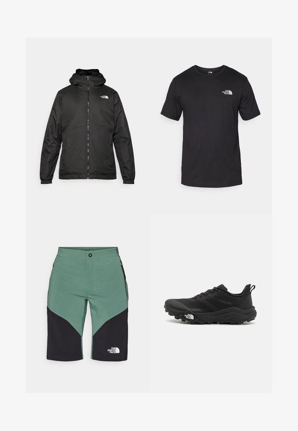 Juodas „The North Face“ striukė su gobtuvu, priekyje užtrauktuku, elastingomis rankogaliais ir logotipu viršutinėje kairėje krūtinės pusėje ant baltos fono.; Juodas trumpas rankovės marškinėliai, pagaminti iš medvilnės, su apvaliu kaklu ir mažu baltu logotipu viršutiniame kairiajame krūtinės kampe.; Žalios ir juodos žygio šortai su geometriniu dizainu, saugiai priglundantčiu liemeniu, šoninėmis kišenėmis ir logotipu ant šlaunies.; Juoda bėgimo batai su tekstūruotu paviršiumi, guma padais ir sustiprinta pirštų dalimi. Yra paminkštinta apykaklė ir kilpos, leidžiančios lengvai užsidėti.