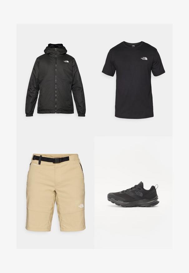 Melnā The North Face kapuce jaka ar priekšējo rāvējslēdzēju, elastīgām piedurknēm un logo augšējā kreisajā krūtī uz balta fona.; Melna īsām piedurknēm T-krekls, kas izgatavots no kokvilnas, ar apaļu dekoltē un nelielu baltu logotipu augšējā kreisajā krūtīs.; Beige šorti ar melnu jostu, ar gludu tekstūru un sānu kabatām. "The North Face" logo ir drukāts baltā krāsā uz kājas.; Melnas sporta kurpes ar sietu virsu, gumijas zoli un mīkstinātu apkakli. Satur šņores, logotipu sānos un strukturētu dizainu.