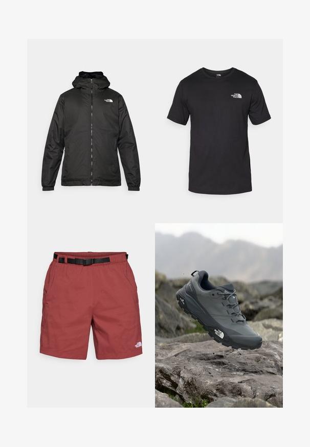 Svart The North Face hettegenser med frontglidelås, elastiske mansjetter, og logo på øvre venstre bryst mot en hvit bakgrunn.; Svart kortermet t-skjorte laget av bomull, med rund hals og en liten hvit logo på øvre venstre brystområde.; Røde shorts laget av lett materiale, med elastisk midje og et justerbart belte i svart samt sidelommer. Merkevaren er synlig.; Grå terrengløpesko med en teksturert overdel, slitesterk gummisåle og forsterket tåhette. Inkluderer snørebånd og merkevarelogo på siden.