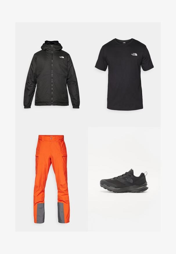 Čierna bundá s kapucňou The North Face s predným zipsom, elastickými manžetami a logom v ľavom hornom rohu hrude na bielom pozadí.; Čierne tričko s krátkym rukávom vyrobené z bavlny, s okrúhlym výstrihom a malým bielym logom na hornej ľavej strane hrude.; Jasne oranžové vodeodolné nohavice s šedými akcentmi na manžetách, s plochým pásom a viacerými bočnými vreckami. Hladká textúra.; Čierna športová obuv s vrchnou časťou z jemnej sieťoviny, gumovou podrážkou a polstrovaným golierom. Obsahuje šnúrky, logo na strane a textúrovaný dizajn.