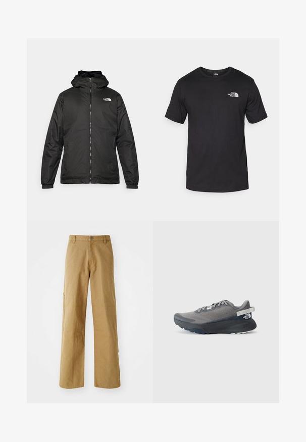 Must esine The North Face must kapuutsiga jakk, millel on esizipp, elastsed mansetid ja logo vasakul ülemisel rinnal valge tausta ees.; Must have lühikeste varrukatega must T-särk, mis on valmistatud puuvillast, ümmarguse kaelusega ja väikese valge logoga vasakus ülanurgas.; Khaki cargo püksid sirge lõikega, mis on valmistatud vastupidavast puuvillakangast. Omab küljetaskuid ja õmblusdetailide. ; Hallide hallitusseente kõndimiseks mõeldud hall jooksujalats, millel on tekstureeritud pealis, lame pael ja tugev tald, ning kandmiseks mõeldud tab, millel on bränding. Tumeda halli tooni aktsendid.