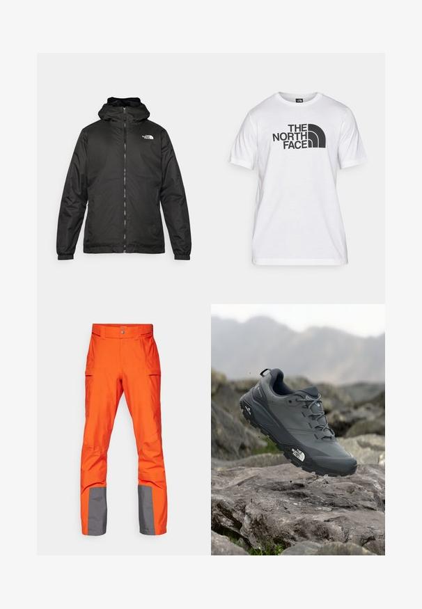 Schwarze The North Face Kapuzenjacke mit Reißverschluss auf der Vorderseite, elastischen Bündchen und Logo auf der oberen linken Brust vor einem weißen Hintergrund.; Weißes Baumwoll-T-Shirt mit einem schwarzen Grafikdruck, der Text und ein geschwungenes Logodesign zeigt. Runder Halsausschnitt und kurze Ärmel. Schlichte Textur.; Helle orange wasserdichte Hosen mit grauen Akzenten an den Bündchen, ausgestattet mit einem flachen Bund und mehreren Seitentaschen. Glatte Textur.; Grau Trailrunning-Schuh mit einer strukturierten Oberseite, haltbarer Gummisohle und verstärkter Zehenkappe. Verfügt über Schnürsenkel und ein Markenlogo an der Seite.