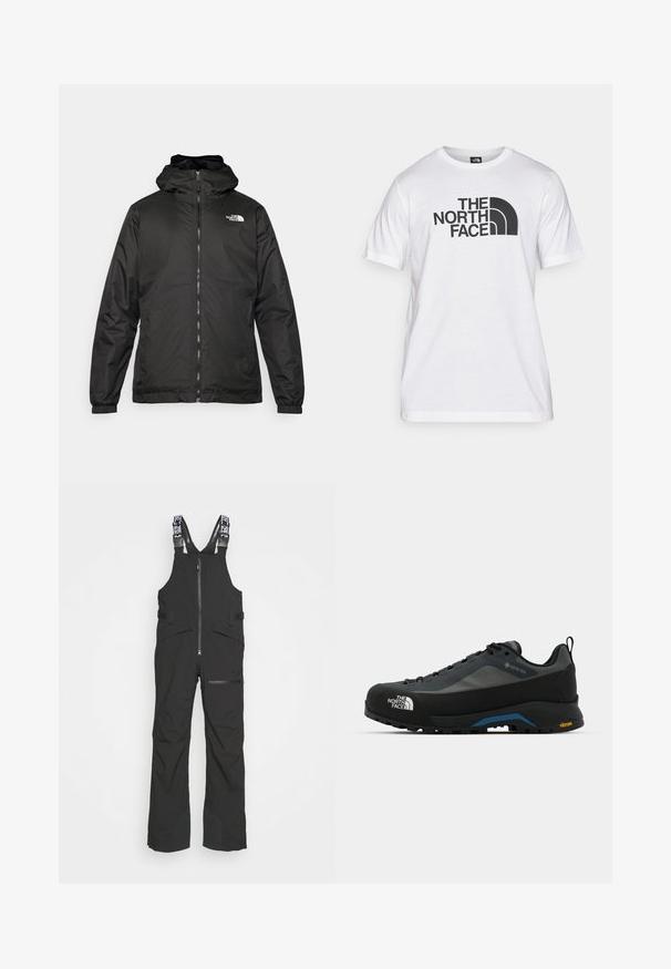 Melnā The North Face kapuce jaka ar priekšējo rāvējslēdzēju, elastīgām piedurknēm un logo augšējā kreisajā krūtī uz balta fona.; Balts kokvilnas t-krekls ar melnu grafisko druku, kurā ir teksts un izliekta logo dizains. Apaļa kakla izgriezums un īsas piedurknes. Vienkārša tekstūra.; Melnas ūdensizturīgas bikses ar salokāmām siksnām, priekšējo rāvējslēdzēju un vairākām kabatām, ar pastiprinātām kāju daļām izturības nodrošināšanai.; The North Face VERTO ALPINE GORE TEX - Pārgājienu apavi - asphalt grey/tnf black