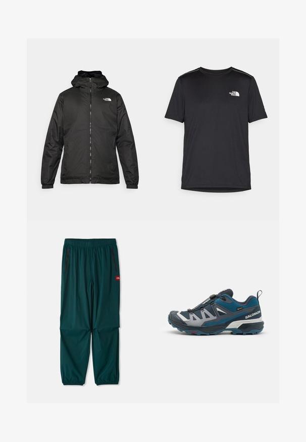 Juodas „The North Face“ striukė su gobtuvu, priekyje užtrauktuku, elastingomis rankogaliais ir logotipu viršutinėje kairėje krūtinės pusėje ant baltos fono.; Juodas trumpas rankovės marškinėliai, pagaminti iš lengvos medžiagos. Yra mažas baltas logotipas kairiajame krūtinės pusėje ir subtilūs pečių akcentai.; Lauko kelnės tamsiai mėlynos spalvos, su elastiniu juosmeniu, dviem užtrauktukais užsegamomis šoninėmis kišenėmis ir elastingomis apačios juostomis. Lengvas medžiaga.; Bėgimo batai su tamsiai mėlynu ir žaliu spalvų deriniu, tinklelio viršutine dalimi, pilkomis akcentais, patikimu raištelių užsegimu ir tvirtu padu.