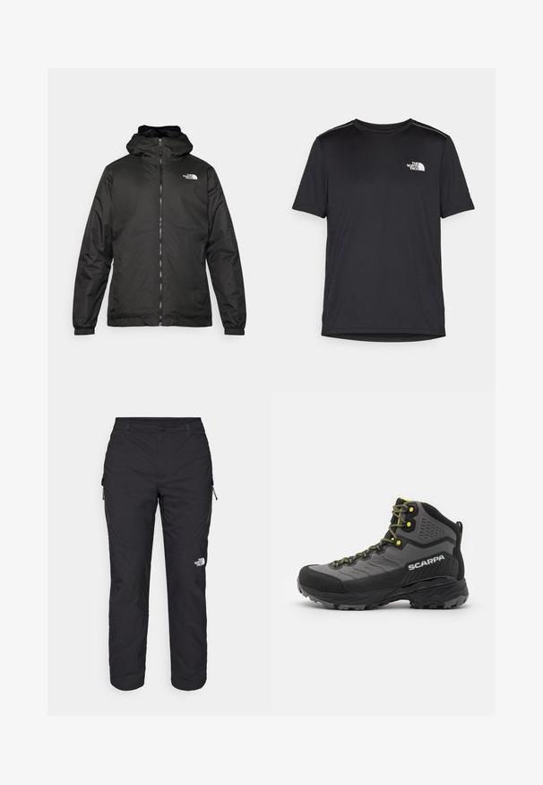 Melnā The North Face kapuce jaka ar priekšējo rāvējslēdzēju, elastīgām piedurknēm un logo augšējā kreisajā krūtī uz balta fona.; Melnas īsām piedurknēm T-kreklas, izgatavots no viegla auduma. Uz kreisā krūtīm ir neliels balts logo un smalki plecu akcenti.; The North Face WINTER EXPLORATION TAPERED CARGO - Āra bikses - black; Melns un pelēks pārgājienu zābaks ar teksturētu audumu, spilgti dzelteniem akcentiem, pastiprinātu purngalu un gumijas zoli ar dziļu profilu saķerei.