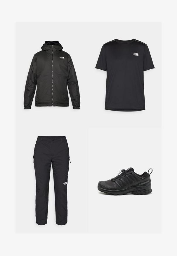 Jachetă cu glugă The North Face de culoare neagră, cu fermoar frontal, manșete elastice și logo pe partea superioară stângă a pieptului, pe un fundal alb.; Tricou negru cu mânecă scurtă, realizat dintr-un material ușor. Prezintă un mic logo alb pe pieptul stâng și accente subtile pe umeri.; The North Face WINTER EXPLORATION TAPERED CARGO - Pantaloni outdoor - black; Spurtă sportivă neagră cu parte superioară sintetică texturată, talpă cu amortizare și sistem de șireturi rapide. Include un vârf și un călcâi întărit.