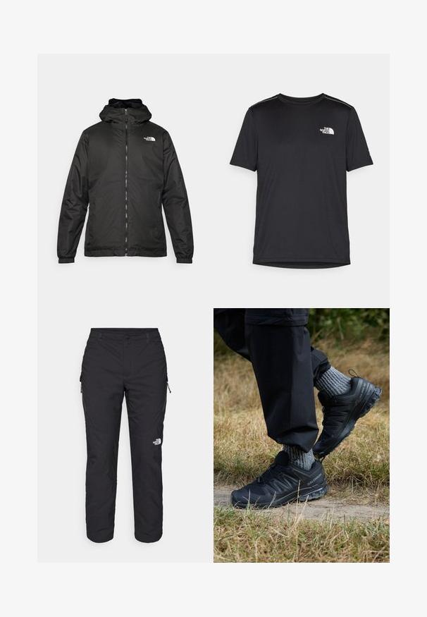 Melnā The North Face kapuce jaka ar priekšējo rāvējslēdzēju, elastīgām piedurknēm un logo augšējā kreisajā krūtī uz balta fona.; Melnas īsām piedurknēm T-kreklas, izgatavots no viegla auduma. Uz kreisā krūtīm ir neliels balts logo un smalki plecu akcenti.; The North Face WINTER EXPLORATION TAPERED CARGO - Āra bikses - black; Melni sporta apavi ar teksturētu sieta augšu, gumijas zoli un izteiksmīgu auklu sistēmu. Saskaņoti ar pelēkiem adītiem zeķēm un melnām biksēm.