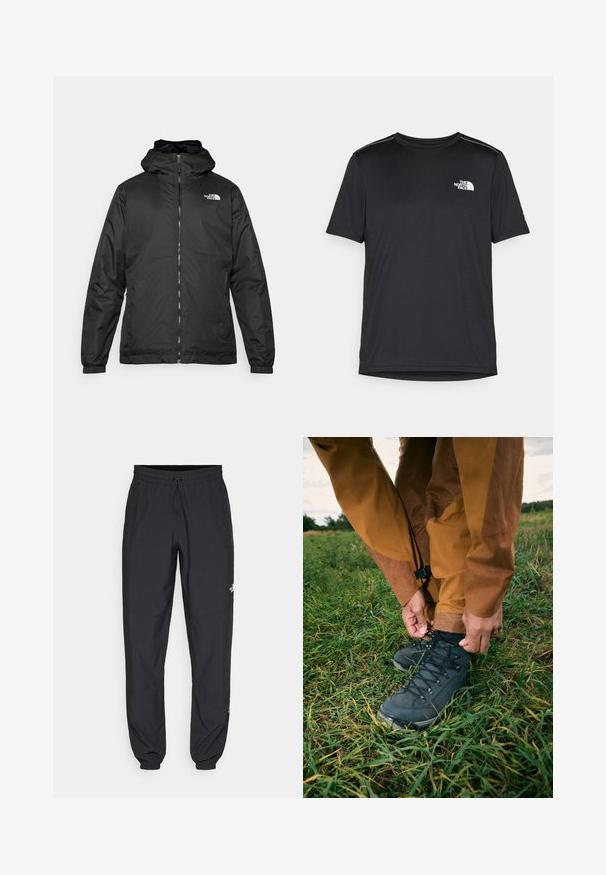 Fekete The North Face kapucnis dzseki elülső zipzárral, elasztikus mandzsettákkal és logóval a bal felső mellkason, fehér háttér előtt.; Fekete, rövid ujjú póló, könnyű anyagból készült. Bal mellen egy kis fehér logó található, és finom vállrész kiemelések.; Fekete sportnadrág, könnyű anyagból készült, húzózsinóros derékkal, oldalsó zsebekkel és szűkített szárakkal a bokáknál.; Fekete túrabakancsok textúrázott felsőrésszel és fűzőkkel, barna vízálló nadrággal viselve, zöld fűben, felhős égbolt alatt.