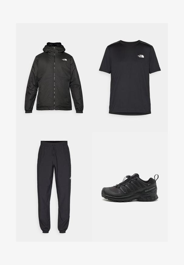 Crna jakna s kapuljačom The North Face s prednjim patentnim zatvaračem, elastičnim manžetama i logotipom na gornjem lijevom dijelu prsnog koša, na bijeloj pozadini.; Crna majica kratkih rukava izrađena od lagane tkanine. Ima mali bijeli logo na lijevoj strani grudi i suptilne naglaske na ramenima.; Crne sportske hlače od lagane tkanine, s pojasom na vezanje, bočnim džepovima i suženim manžetama na gležnjevima.; Crne atletske cipele s teksturiranim sintetičkim gornjim dijelom, podstavljenim đonom i sustavom brzog vezivanja. Imaju ojačani nos i petu.