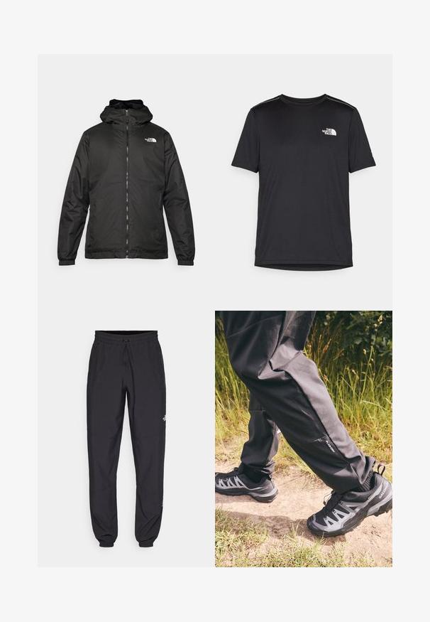 Musta The North Face -huppari, jossa on etuvetoketju, joustavat hihansuut ja logo vasemmalla ylärinnassa valkoista taustaa vasten.; Mustapaita lyhyillä hihoilla, joka on valmistettu kevyestä kankaasta. Siinä on pieni valkoinen logo vasemmassa rinnassa ja huomaamattomia olkakoristeita.; Mustat urheiluhousut, jotka on valmistettu kevyestä kankaasta. Housuissa on naru vyötäröllä, sivutaskut ja kapenevat hihnat nilkoissa.; Mustat vedenpitävät housut rentoon istuvuuteen, joissa on pieni sivutasku. Yhdistetty kestäviin mustiin ja harmaisiin vaelluskengiin, joissa on kuvio.