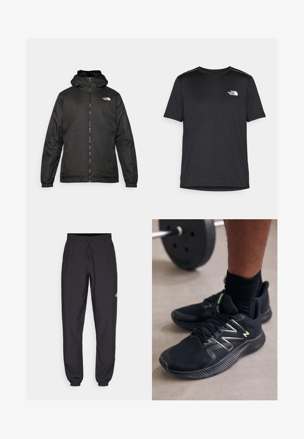 Schwarze The North Face Kapuzenjacke mit Reißverschluss auf der Vorderseite, elastischen Bündchen und Logo auf der oberen linken Brust vor einem weißen Hintergrund.; Schwarzes T-Shirt mit kurzen Ärmeln aus leichtem Stoff. Mit einem kleinen weißen Logo auf der linken Brust und dezenten Akzenten an den Schultern.; Schwarze Sporthosen aus leichtem Stoff, mit einem Kordelzugbund, seitlichen Taschen und schmal zulaufenden Bündchen an den Knöcheln.; Schwarze Sportschuhe aus Mesh und synthetischen Materialien, mit reflektierenden Akzenten und einer Gummisohle mit strukturiertem Grip.