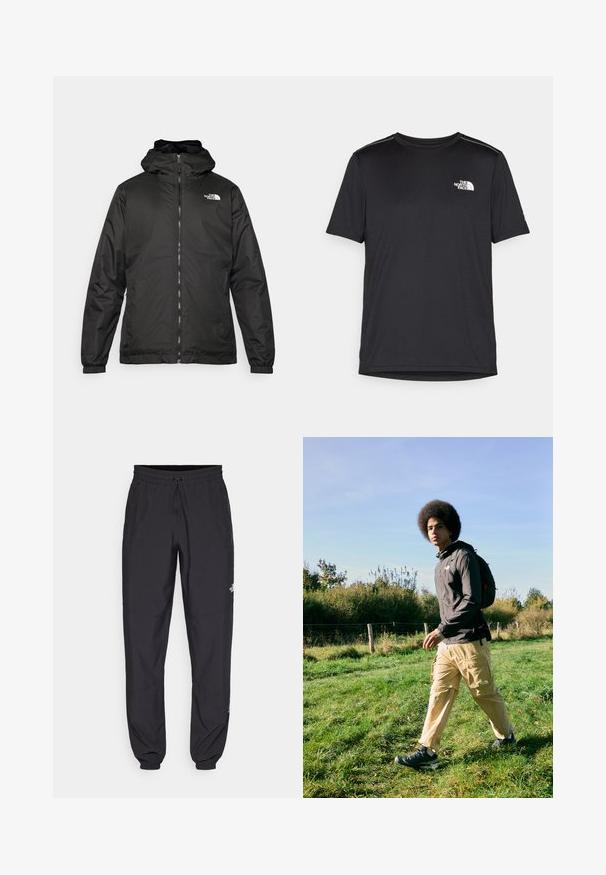 Jacket preta com capuz da The North Face, com fecho éclair na frente, punhos elásticos e logotipo no canto superior esquerdo do peito, em fundo branco.; T-shirt preto de manga curta feito de um tecido leve. Apresenta um pequeno logo branco ao lado esquerdo do peito e detalhes subtis nos ombros.; Calças atléticas pretas feitas de tecido leve, com um cós ajustável por cordão, bolsos laterais e punhos afunilados nos tornozelos.; Casaco preto com capuz, calças cargo bege com bolsos e botas de caminhada pretas. A andar sobre a relva à luz do dia, com um fundo de folhagem.