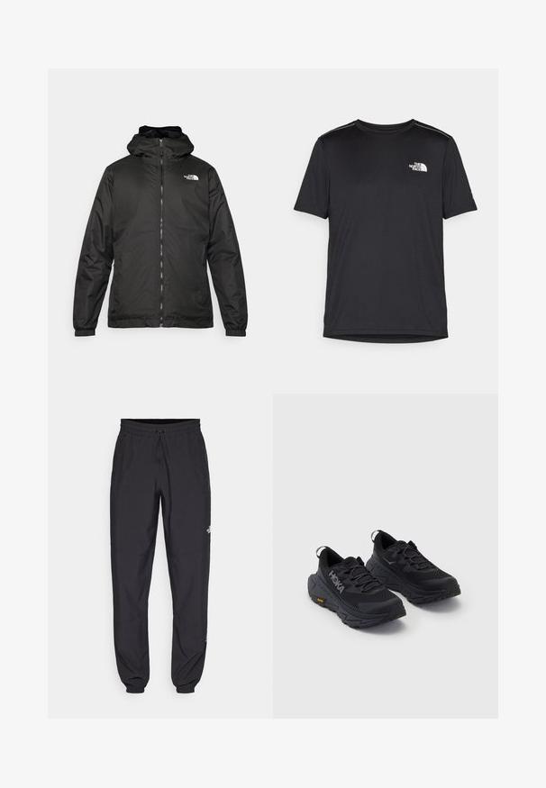 Svart The North Face hettegenser med frontglidelås, elastiske mansjetter, og logo på øvre venstre bryst mot en hvit bakgrunn.; Svart kortermet T-skjorte laget av lett materiale. Har en liten hvit logo på venstre bryst og subtile skulderdetaljer.; Sorte idrettsbukser laget av lett stoff, med snor i livet, sidelommer og smale mansjetter ved anklene.; Sorte svarte treningssko med teksturert overdel, tykk demping og en robust såle. HOKA-logoen er synlig, med sterke gulaktige detaljer.