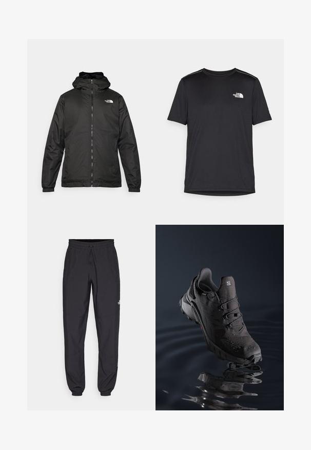 Black The North Face hooded jacket with front zipper, elastic cuffs, and logo on the upper left chest against a white background.; Black short-sleeve T-shirt made from lightweight fabric. Features a small white logo on the left chest and subtle shoulder accents.; Black athletic pants made from lightweight fabric, featuring a drawstring waistband, side pockets, and tapered cuffs at the ankles.; Black trail running shoe with a textured upper, lacing system, and rubber outsole. Features water-resistant material and red accents.