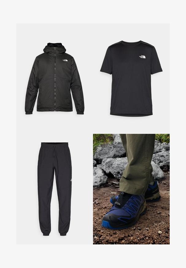 Črna kapuca jakna The North Face z sprednjim zadrgo, elastičnimi manšetami in logotipom na zgornjem levem prsnem delu na belem ozadju.; Črna kratkosleevena majica iz lahkotnega materiala. Ima majhen bel logo na levem prsnem delu in diskretne poudarke na ramenskem predelu.; Črne atletske hlače iz lahkega materiala, ki imajo elastični pas z vezalko, stranske žepe in zožene manšete na gležnjih.; Pohodne čevlje z črno-modrim dizajnom, mrežastimi in gumijastimi materiali, teksturirano površino in elastičnim sistemom vezalk, nošeni na skalnatem terenu.