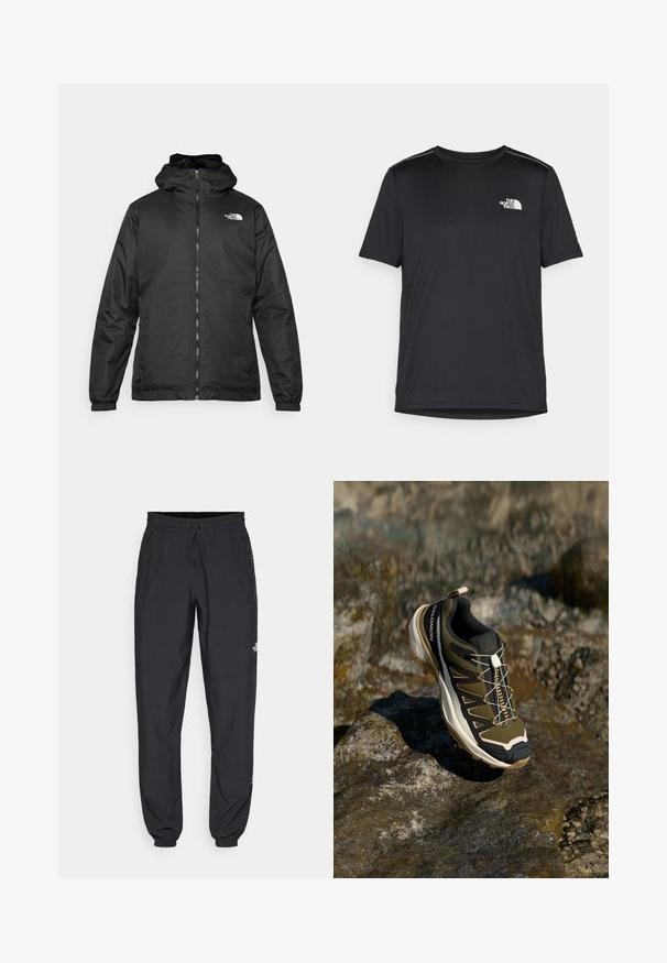 Jacket preta com capuz da The North Face, com fecho éclair na frente, punhos elásticos e logotipo no canto superior esquerdo do peito, em fundo branco.; T-shirt preto de manga curta feito de um tecido leve. Apresenta um pequeno logo branco ao lado esquerdo do peito e detalhes subtis nos ombros.; Calças atléticas pretas feitas de tecido leve, com um cós ajustável por cordão, bolsos laterais e punhos afunilados nos tornozelos.; Calçado de caminhada em verde-oliva e preto com detalhes em rosa. Apresenta um cabedal texturizado, sola flexível, ponta reforçada e um sistema de atacadores coloridos.