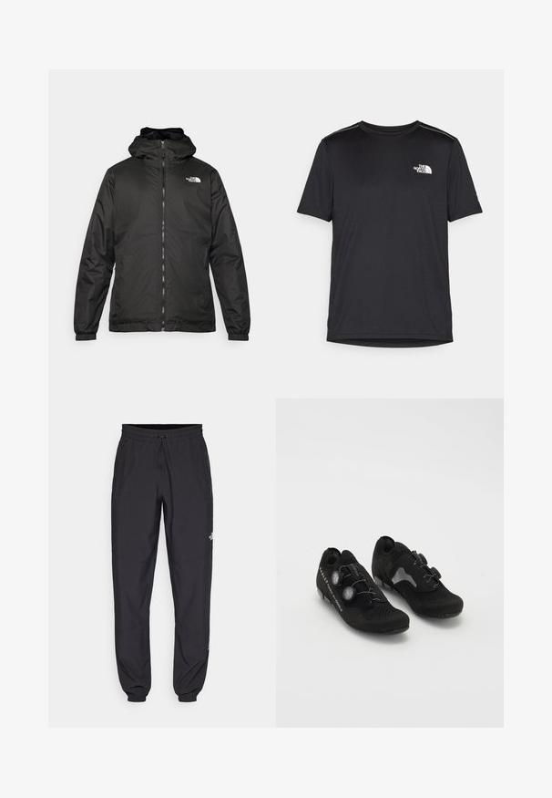 Svart The North Face huva jacka med framzipper, elastiska muddar och logotyp på övre vänstra bröstet mot en vit bakgrund.; Svart kortärmad T-shirt i lättviktig tyg. Har en liten vit logotyp på vänster bröst och subtila axeltoner.; Svarta träningsbyxor tillverkade av lättviktsmaterial, med dragsko i midjan, sidofickor och avsmalnande muddar vid anklarna.; Svarta cykelskor med en andningsbar mesh-överdel, slankt design, två rattlåsen och texturerade ytor. Har en förstärkt tå och häl.