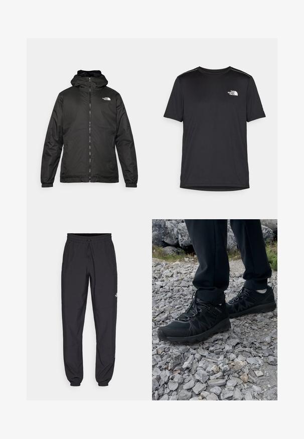 Črna kapuca jakna The North Face z sprednjim zadrgo, elastičnimi manšetami in logotipom na zgornjem levem prsnem delu na belem ozadju.; Črna kratkosleevena majica iz lahkotnega materiala. Ima majhen bel logo na levem prsnem delu in diskretne poudarke na ramenskem predelu.; Črne atletske hlače iz lahkega materiala, ki imajo elastični pas z vezalko, stranske žepe in zožene manšete na gležnjih.; Črne zunanje čevlje iz mrežastega in sintetičnega materiala, s teksturiranim zgornjim delom, zavarovanim sistemom vezalk in trdim podplatom, na skalnatem terenu.