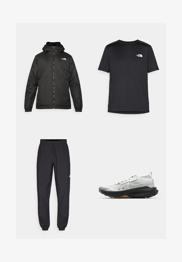 Giacca a vento nera The North Face con zip frontale, polsini elasticizzati e logo sulla parte superiore sinistra del petto, su sfondo bianco.; T-shirt nero a maniche corte realizzata in tessuto leggero. Presenta un piccolo logo bianco sul lato sinistro del petto e delicati dettagli sulle spalle.; Pantaloni sportivi neri realizzati in tessuto leggero, con vita regolabile con cordino, tasche laterali e orli affusolati alle caviglie.; Scarpa da corsa bianca con tomaia in rete traspirante, suola in gomma nera, imbottitura evidente e accentuazione gialla "Vibram" sulla suola intermedia.