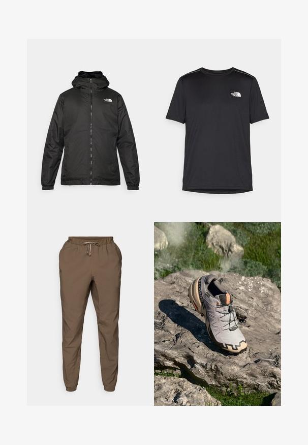 Fekete The North Face kapucnis dzseki elülső zipzárral, elasztikus mandzsettákkal és logóval a bal felső mellkason, fehér háttér előtt.; Fekete, rövid ujjú póló, könnyű anyagból készült. Bal mellen egy kis fehér logó található, és finom vállrész kiemelések.; Barna, rugalmas derékú jogger nadrág, húzózsinórral, tapered lábakkal és finom fényű, könnyű, sima anyagból készült.; Fény szürke terepfutó cipő bézs akcentusokkal, textúrázott felső résszel, fekete fűzőkkel és hangsúlyos talpkialakítással. A márka logóját is tartalmazza.