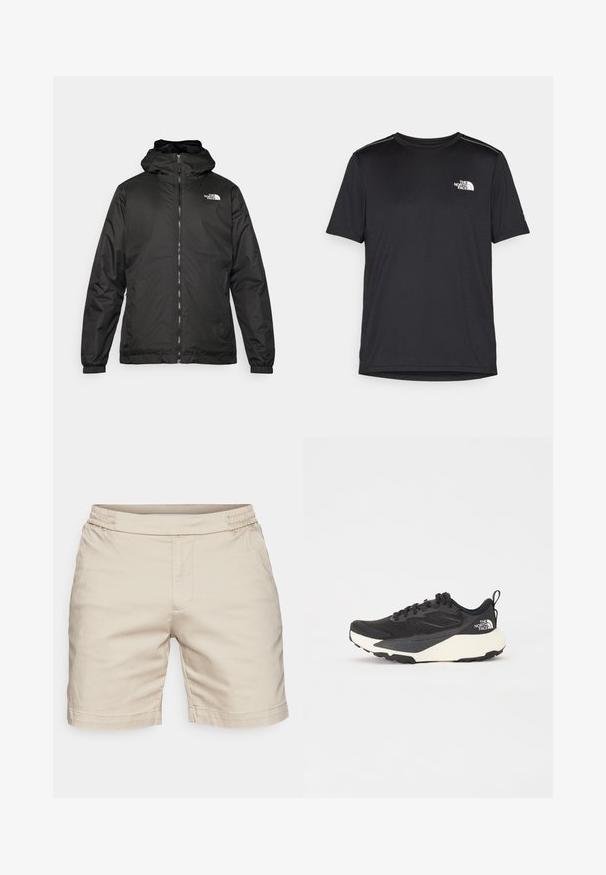 Jacket preta com capuz da The North Face, com fecho éclair na frente, punhos elásticos e logotipo no canto superior esquerdo do peito, em fundo branco.; T-shirt preto de manga curta feito de um tecido leve. Apresenta um pequeno logo branco ao lado esquerdo do peito e detalhes subtis nos ombros.; Calções bege feitos de um tecido leve, com um cós elástico, costuras laterais e um corte reto que termina acima do joelho.; Sapatilha atlética preta com parte superior em malha texturada, detalhes pretos sólidos e sola leve branca. Apresenta fecho com atacadores e alça de puxar.