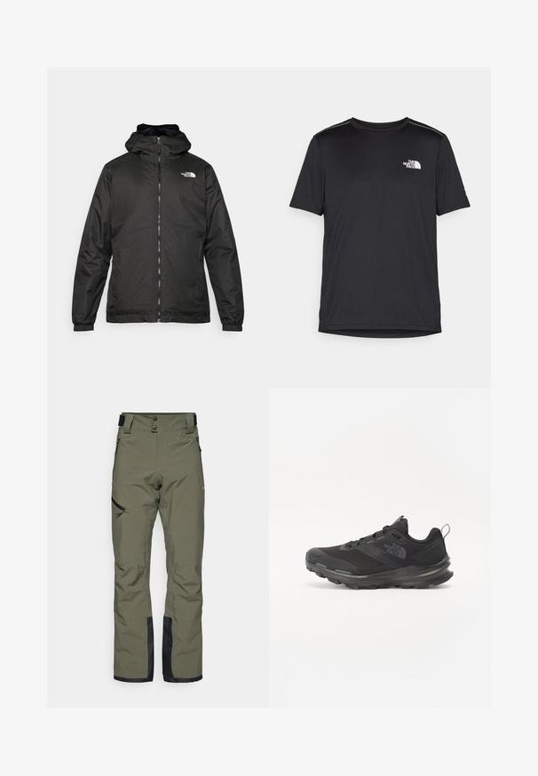 Black The North Face hooded jacket with front zipper, elastic cuffs, and logo on the upper left chest against a white background.; Black short-sleeve T-shirt made from lightweight fabric. Features a small white logo on the left chest and subtle shoulder accents.; Olive green ski pants made from waterproof fabric, featuring a double-button closure, side zip pockets, and black lower leg accents.; Black athletic shoe with mesh upper, rubber outsole, and padded collar. Features laces, logo on the side, and a textured design.