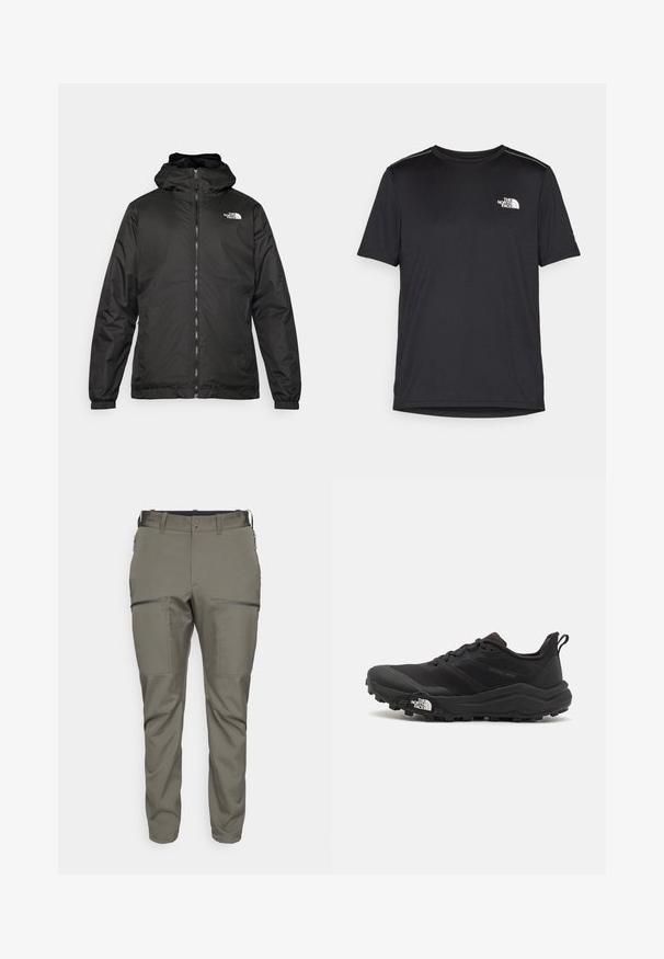 Zwarte The North Face hoodie met ritssluiting aan de voorkant, elastische manchetten en logo op de bovenste linkerborst tegen een witte achtergrond.; Zwarte T-shirt met korte mouwen, gemaakt van lichtgewicht stof. Bevat een klein wit logo op de linkerborst en verfijnde schouderaccenten.; Houdini MORE PANTS - Outdoorbroeken - baremark green; Zwarte trailrunning schoen met een gestructureerde bovenkant, rubberen zool en versterkte neus. Voorzien van een gevoerde kraag en een trekhaak voor eenvoudig aan- en uittrekken.