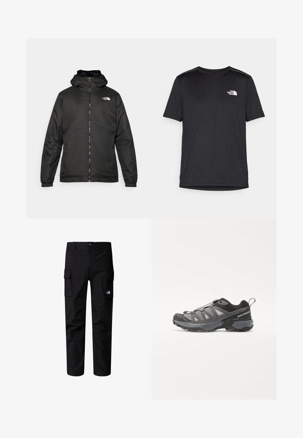 Black The North Face hooded jacket with front zipper, elastic cuffs, and logo on the upper left chest against a white background.; Black short-sleeve T-shirt made from lightweight fabric. Features a small white logo on the left chest and subtle shoulder accents.; Black cargo pants made of durable fabric, featuring multiple side pockets, a button closure, and a small logo on the thigh.; Sport shoe featuring a streamlined design, gray synthetic upper with mesh panels, black accents, and a rubber sole with pronounced traction.