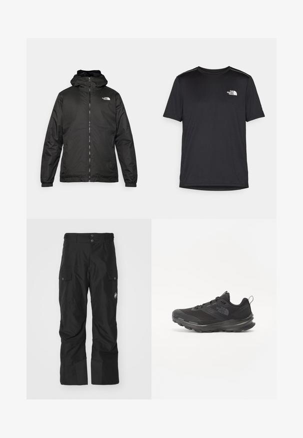 Must esine The North Face must kapuutsiga jakk, millel on esizipp, elastsed mansetid ja logo vasakul ülemisel rinnal valge tausta ees.; Must mustaöödiga must T-särk, mis on valmistatud kerge riidekanga. Esiküljel on vasakul rinnal väike valge logo ning õlgadel on peened aktsendid.; Mustad mustad põlvpüksid, mis on valmistatud veekindlast materjalist, kahte külge taskut, tugevdatud sääreosa ja nööbiga kinnitamine vööl.; Must use õhku läbilaskvat võrku ülemise ja kummist välispõhjaga mustad atleetijalatsid, millel on polsterdatud kaelus. Omab nööre, logo küljel ja tekstuurset disaini.