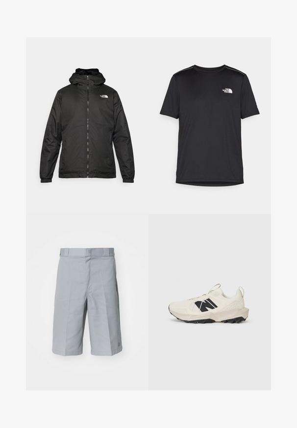 Must esine The North Face must kapuutsiga jakk, millel on esizipp, elastsed mansetid ja logo vasakul ülemisel rinnal valge tausta ees.; Must mustaöödiga must T-särk, mis on valmistatud kerge riidekanga. Esiküljel on vasakul rinnal väike valge logo ning õlgadel on peened aktsendid.; Heledad hallid šortsid, mis on valmistatud vastupidavast kangast, sirge lõikega, vöökoha nimel paelaga ja peente voltide detailidega.; Heled beez sneaker, mille, musta logoga ja tekstureeritud tallaga. Keskmises liest on geomeetriline muster.