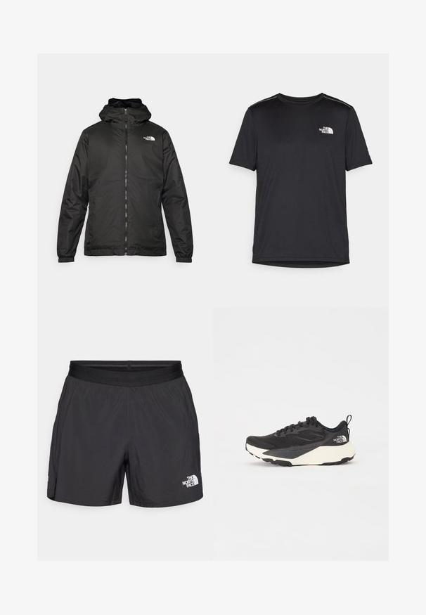 Črna kapuca jakna The North Face z sprednjim zadrgo, elastičnimi manšetami in logotipom na zgornjem levem prsnem delu na belem ozadju.; Črna kratkosleevena majica iz lahkotnega materiala. Ima majhen bel logo na levem prsnem delu in diskretne poudarke na ramenskem predelu.; Črne kratke hlače iz lahkega materiala, s elastiko v pasu in majhnim belim logotipom na spodnji desni strani.; Črne atletske čevlje z mrežastim zgornjim delom z teksturo, trdnimi črnimi detajli in lahkim belim podplatom. Imajo vezalni sistem in zanko za pomoč pri obuvanju.