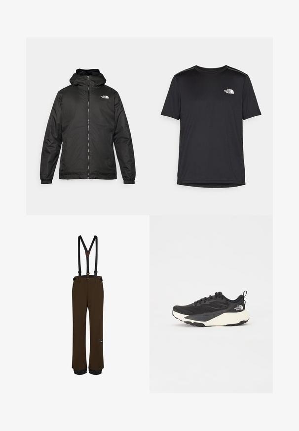 Zwarte The North Face hoodie met ritssluiting aan de voorkant, elastische manchetten en logo op de bovenste linkerborst tegen een witte achtergrond.; Zwarte T-shirt met korte mouwen, gemaakt van lichtgewicht stof. Bevat een klein wit logo op de linkerborst en verfijnde schouderaccenten.; Bruine snowboardbroek met verstelbare zwarte bretels, ritszakken, verstevigde zoom en een logo-patch op de bovenbeen.; Zwarte sportieve schoen met een gestructureerde mesh bovenkant, solide zwarte accenten en een lichte witte buitenzool. Voorzien van vetersluiting en een treklus.