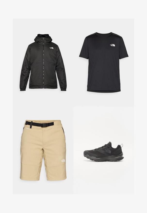 Sort The North Face hættejakke med frontlynlås, elastiske manchetter og logo på øverste venstre bryst mod en hvid baggrund.; Sort t-shirt med korte ærmer lavet af letvægtsstof. Har et lille hvidt logo på venstre bryst og diskrete skuldrelementer.; Beige shorts med et sort bælte, der har en glat tekstur og lommer på siderne. The North Face-logoet er trykt i hvidt på benet.; Sort atletisk sko med mesh-overdel, gummisål og polstret krave. Har snørebånd, logo på siden og et tekstureret design.