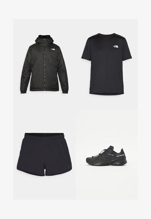 Svart The North Face hettegenser med frontglidelås, elastiske mansjetter, og logo på øvre venstre bryst mot en hvit bakgrunn.; Svart kortermet T-skjorte laget av lett materiale. Har en liten hvit logo på venstre bryst og subtile skulderdetaljer.; Svartidrettsshorts laget av teksturert materiale med elastisk midjebånd, med en subtil logo nederst foran.; Svart trail-løpesko med teksturert overdel, elastiske lisser og Contagrip yttersåle. Har en tett passform og beskyttende tåhette.