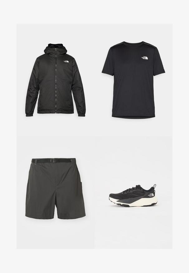 Fekete The North Face kapucnis dzseki elülső zipzárral, elasztikus mandzsettákkal és logóval a bal felső mellkason, fehér háttér előtt.; Fekete, rövid ujjú póló, könnyű anyagból készült. Bal mellen egy kis fehér logó található, és finom vállrész kiemelések.; Fekete rövidnadrág sima, könnyű anyagból. Állítható öv, oldalsó zsebek és egyszerű, díszítetlen dizájn jellemzi.; Fekete sportcipő texturált hálós felső résszel, egységes fekete kiegészítőkkel és fehér könnyített talppal. Fűzős záródással és húzóhurokkal rendelkezik.