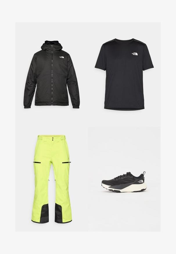 Črna kapuca jakna The North Face z sprednjim zadrgo, elastičnimi manšetami in logotipom na zgornjem levem prsnem delu na belem ozadju.; Črna kratkosleevena majica iz lahkotnega materiala. Ima majhen bel logo na levem prsnem delu in diskretne poudarke na ramenskem predelu.; Svetlo rumene smučarske hlače z črnimi detajli, z zadrgo zaprti žepi in nastavljivim pasom, narejene iz trdnega, vremensko odpornega materiala.; Črne atletske čevlje z mrežastim zgornjim delom z teksturo, trdnimi črnimi detajli in lahkim belim podplatom. Imajo vezalni sistem in zanko za pomoč pri obuvanju.