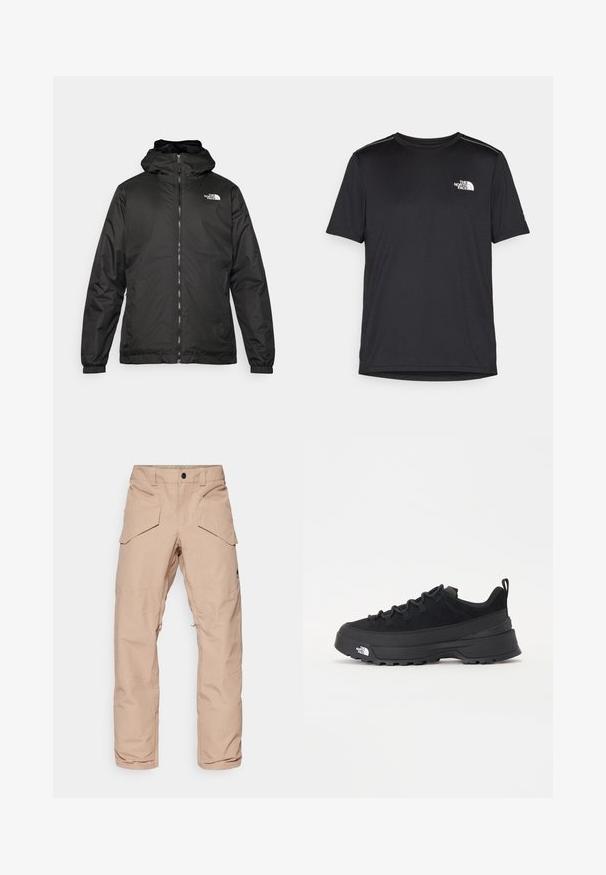 Černá kapucínová bunda The North Face s předním zipem, elastickými manžetami a logem na horní levé části hrudi na bílém pozadí.; Černé tričko s krátkým rukávem vyrobené z lehkého materiálu. Má malé bílé logo na levé části hrudi a decentní akcenty na ramenech.; Světle béžové cargo kalhoty s voděodolnou tkaninou, vybavené několika kapsami, zesílenými koleny a zipem na dolní části nohavic pro možnost úpravy.; Černé venkovní tenisky s horní částí ze semiše, texturovanou gumovou podrážkou a pevným šněrováním. Obsahují zesílenou patu a logo značky na boku.