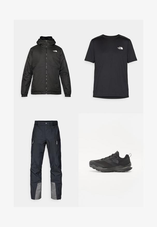Melnā The North Face kapuce jaka ar priekšējo rāvējslēdzēju, elastīgām piedurknēm un logo augšējā kreisajā krūtī uz balta fona.; Melnas īsām piedurknēm T-kreklas, izgatavots no viegla auduma. Uz kreisā krūtīm ir neliels balts logo un smalki plecu akcenti.; Melnas āra bikses ar taisnu griezumu, ar sānu kabatām, pelēkiem akcentiem uz apakšējām kājām un izturīgu audumu. Ūdensizturīga dizaina.; Melnas sporta kurpes ar sietu virsu, gumijas zoli un mīkstinātu apkakli. Satur šņores, logotipu sānos un strukturētu dizainu.
