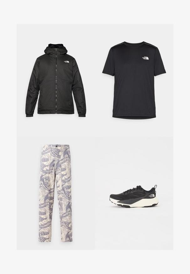 Black The North Face hooded jacket with front zipper, elastic cuffs, and logo on the upper left chest against a white background.; Black short-sleeve T-shirt made from lightweight fabric. Features a small white logo on the left chest and subtle shoulder accents.; Lightweight, cream trousers featuring a blue abstract wave pattern. They have a straight fit, with two front pleats and a button closure.; Black athletic shoe with textured mesh upper, solid black accents, and white lightweight outsole. Features lace-up closure and pull tab.