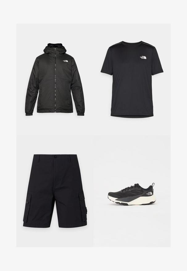 Giacca a vento nera The North Face con zip frontale, polsini elasticizzati e logo sulla parte superiore sinistra del petto, su sfondo bianco.; T-shirt nero a maniche corte realizzata in tessuto leggero. Presenta un piccolo logo bianco sul lato sinistro del petto e delicati dettagli sulle spalle.; Pantaloni cargo neri con taglio dritto, realizzati in tessuto resistente. Presentano due tasche laterali e chiusura con bottone.; Scarpa da allenamento nera con tomaia in mesh testurizzato, dettagli neri solidi e suola leggera bianca. Presenta chiusura con lacci e un tab di pull.