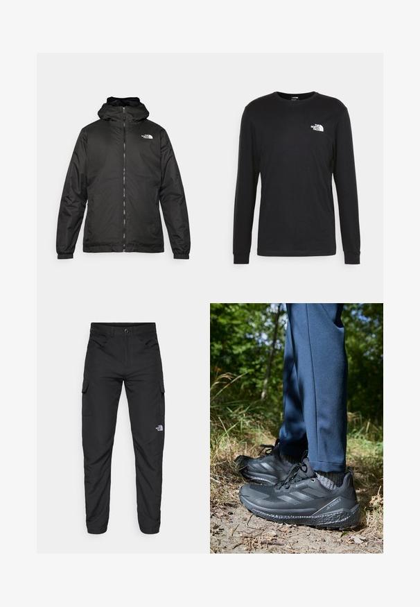 Melnā The North Face kapuce jaka ar priekšējo rāvējslēdzēju, elastīgām piedurknēm un logo augšējā kreisajā krūtī uz balta fona.; Melnā garenā piedurkņu T-kreklā, kas izgatavots no kokvilnas, kreklā ir balts logo uz kreisā krūšu laukuma un ribotās aproces. Tam ir gluda tekstūra un apaļa izgriezuma forma.; The North Face HORIZON PANT - Āra bikses - black; Melnas pārgājienu kurpes ar teksturētu virsu, trīs svītru dizainu un izturīgiem zoleim, saskaņotas ar tumši ziliem biksēm un pelēkām zeķēm dabīgā vidē.