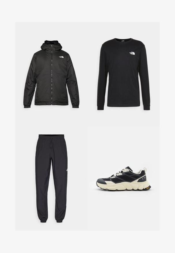 Jacket preta com capuz da The North Face, com fecho éclair na frente, punhos elásticos e logotipo no canto superior esquerdo do peito, em fundo branco.; Camisola de manga longa preta feita de algodão, com um logo branco no lado esquerdo do peito e punhos canelados. Textura suave com decote redondo.; Calças atléticas pretas feitas de tecido leve, com um cós ajustável por cordão, bolsos laterais e punhos afunilados nos tornozelos.; Sapato atlético preto e creme com parte superior em malha texturizada, sola de borracha, almofadado espesso e um destaque laranja "Vibram" na sola.