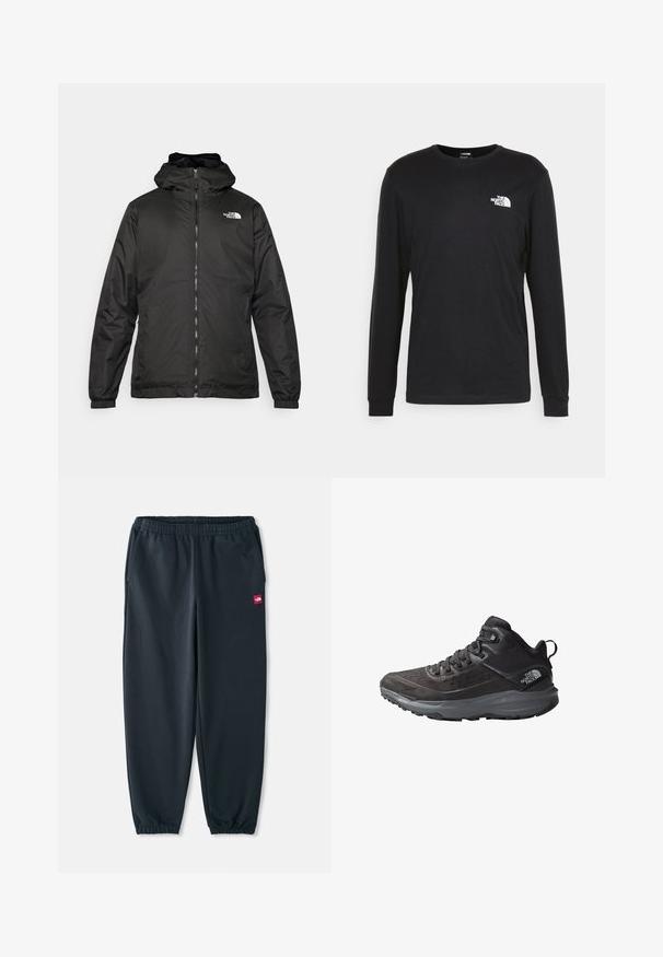 Schwarze The North Face Kapuzenjacke mit Reißverschluss auf der Vorderseite, elastischen Bündchen und Logo auf der oberen linken Brust vor einem weißen Hintergrund.; Schwarzes Langarm-T-Shirt aus Baumwolle mit einem weißen Logo auf der linken Brust und gerippten Bündchen. Glatte Textur mit Rundhalsausschnitt.; Schwarze Jogginghose aus glattem Stoff, mit einem elastischen Bund, Fußbündchen und einem kleinen roten Logo-Patch an der Seite.; Schwarze Wanderschuhe mit einem strukturierten Obermaterial, verstärkter Zehenkappe und grauem Außensohlenmaterial. Verfügt über ein Schnürdesign und einen gepolsterten Knöchelkragen.