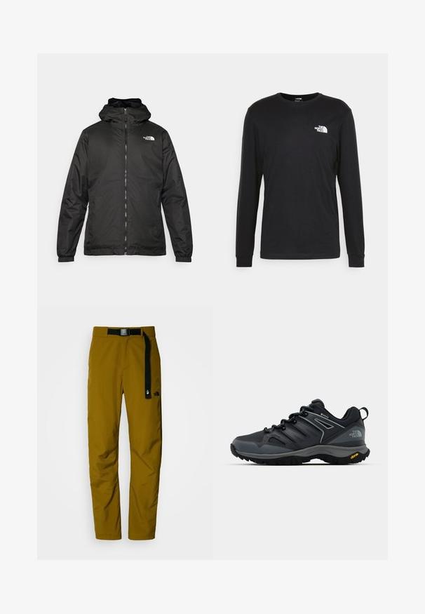 Črna kapuca jakna The North Face z sprednjim zadrgo, elastičnimi manšetami in logotipom na zgornjem levem prsnem delu na belem ozadju.; Črna majica z dolgimi rokavi iz bombaža, ki ima beli logotip na levem prsnem delu in rebraste manšete. Gladka tekstura z okroglim izrezom.; Vodoodporne, lahke pohodniške hlače temno gorčične barve z črnim nastavljivim pasom, ki imajo logo na levem stegnu.; Črne pohodniške čevlje z zračnim zgornjim delom, teksturiranimi detajli, gumijastim podplatom in odsevnimi elementi. Na peti se ponaša z logotipom Vibram.