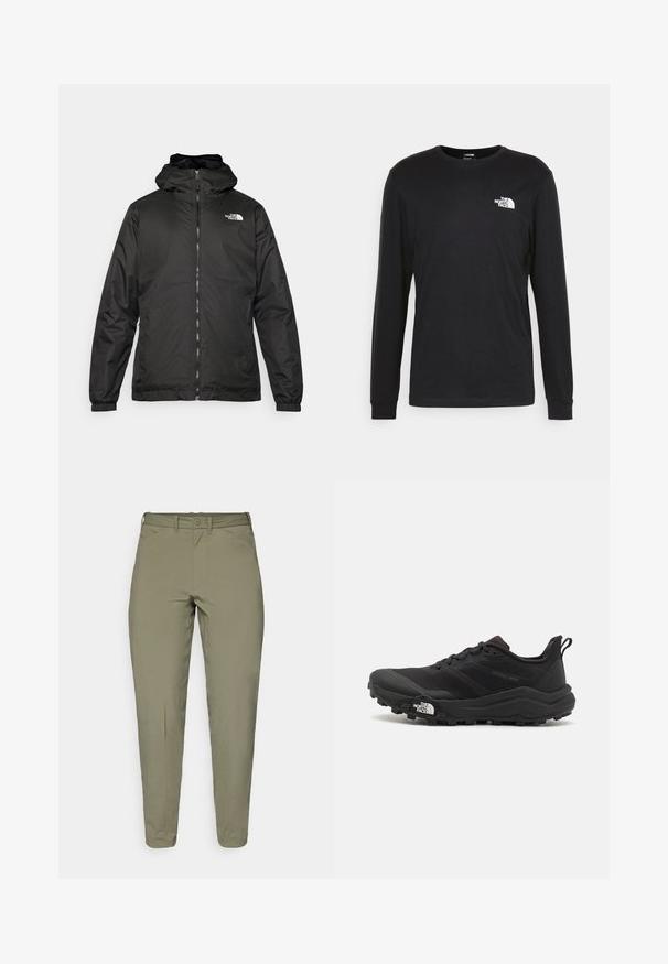 Schwarze The North Face Kapuzenjacke mit Reißverschluss auf der Vorderseite, elastischen Bündchen und Logo auf der oberen linken Brust vor einem weißen Hintergrund.; Schwarzes Langarm-T-Shirt aus Baumwolle mit einem weißen Logo auf der linken Brust und gerippten Bündchen. Glatte Textur mit Rundhalsausschnitt.; Helle olivgrüne Hose mit glatter Textur, schmalem Schnitt, Gürtelschlaufen und einem einzigen Knopfverschluss an der Taille.; Schwarzer Trailrunning-Schuh mit strukturiertem Obermaterial, Gummisohle und verstärkter Zehenkappe. Verfügt über einen gepolsterten Kragen und eine Ziehlasche für einfaches Anziehen.