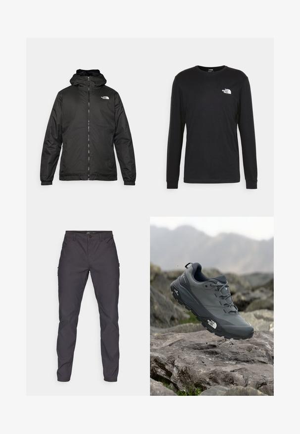 Černá kapucínová bunda The North Face s předním zipem, elastickými manžetami a logem na horní levé části hrudi na bílém pozadí.; Černé tričko s dlouhým rukávem vyrobené z bavlny, s bílým logem na levé straně hrudi a pružnými manžetami. Hladký povrch s kulatým výstřihem.; Tmavě šedé cargo kalhoty s hladkou texturou, s předními kapsami a boční kapsou; zabezpečený pas s uzávěrem na knoflík.; Šedá trailová běžecká bota s texturovaným svrškem, odolnou gumovou podrážkou a vyztuženou špičkou. Obsahuje tkaničky a logo značky na straně.