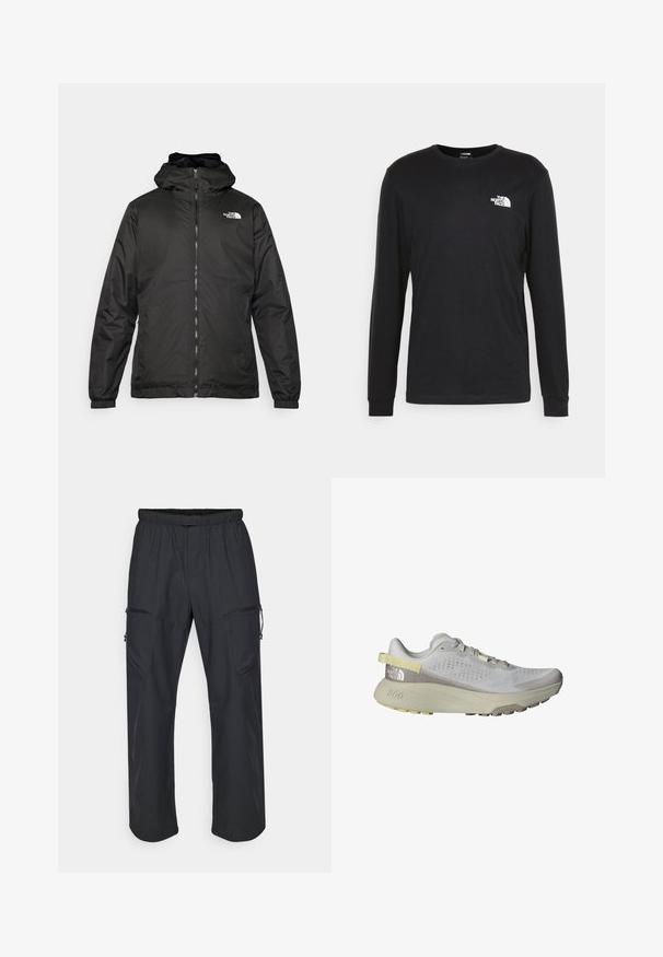 Must esine The North Face must kapuutsiga jakk, millel on esizipp, elastsed mansetid ja logo vasakul ülemisel rinnal valge tausta ees.; Musthave musta pika varrukatega t-särk, mis on valmistatud puuvillast. Esiplaanil on valge logo vasaku rinna kohal ning ribitekkide detailid. Särk on sileda tekstuuriga ja ümar lõikega kaelusega.; Mustad mustad püksid, millel on elastne vöökohus, kaks lukuga taskut ja kerge, sile kangastekstuuri.; The North Face ALTAMESA 300 - Metsajooksu tossud - glacier gray/soapstone