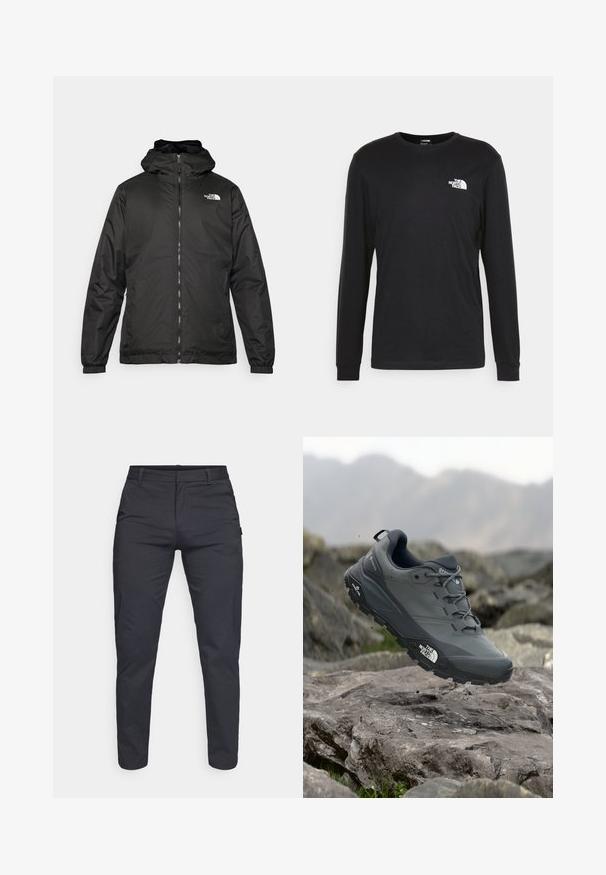 Jacket preta com capuz da The North Face, com fecho éclair na frente, punhos elásticos e logotipo no canto superior esquerdo do peito, em fundo branco.; Camisola de manga longa preta feita de algodão, com um logo branco no lado esquerdo do peito e punhos canelados. Textura suave com decote redondo.; Calças azul-marinho ajustadas, feitas de um material respirável. Apresentam uma frente lisa, passantes de cinto e um único bolso na parte de trás.; Sapatilha de corrida em trilhos cinza com um cabedal texturizado, sola de borracha durável e ponteira reforçada. Apresenta atacadores e o logótipo da marca de lado.