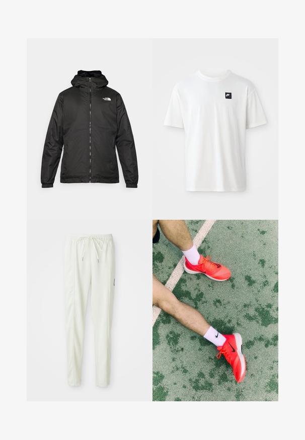 Jachetă cu glugă The North Face de culoare neagră, cu fermoar frontal, manșete elastice și logo pe partea superioară stângă a pieptului, pe un fundal alb.; Tricou alb din bumbac, cu mâneci scurte și guler sub formă de cerc; prezintă un mic logo Nike Air, de culoare neagră, sub formă de dreptunghi pe pieptul stâng.; Pantaloni jogger slim-fit albi, cu talie elastică și șnur, cu detalii pe cusătura laterală și o mică etichetă neagră pe piciorul din dreapta.; Adidași de alergare Nike cu un ampatament din plasă portocalie strălucitoare și cu logo-ul swoosh negru, asortați cu șosete albe până la glezne, pe o suprafață verde texturată.